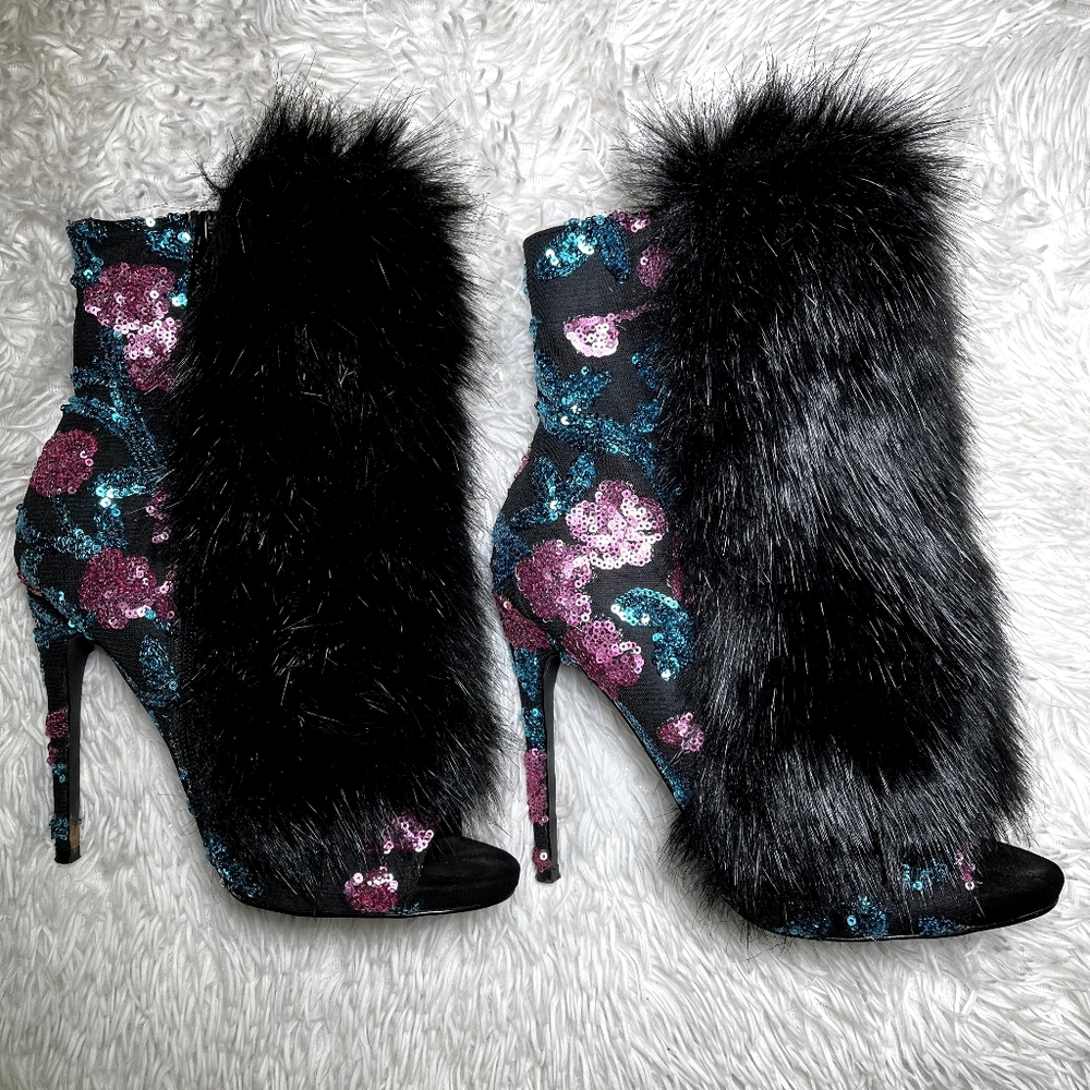 Sequin and Faux Fur Boots - Size 8